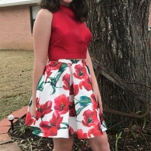 Glamour Red floral 2 piece halter dress